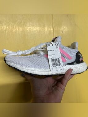 adidas White Running Shoes with Pink Three-Stripe Cage